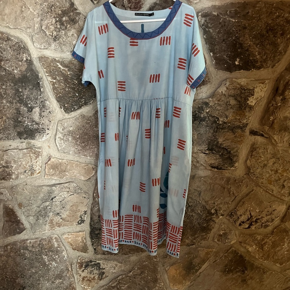 Blue Dress with Red Pattern, tissue thin cotton, knee length, cool,